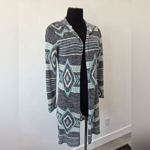Aztec Tribal Print Hooded Open Front Cardigan Sweater Loose Knit Y2K 90s Gypsy S